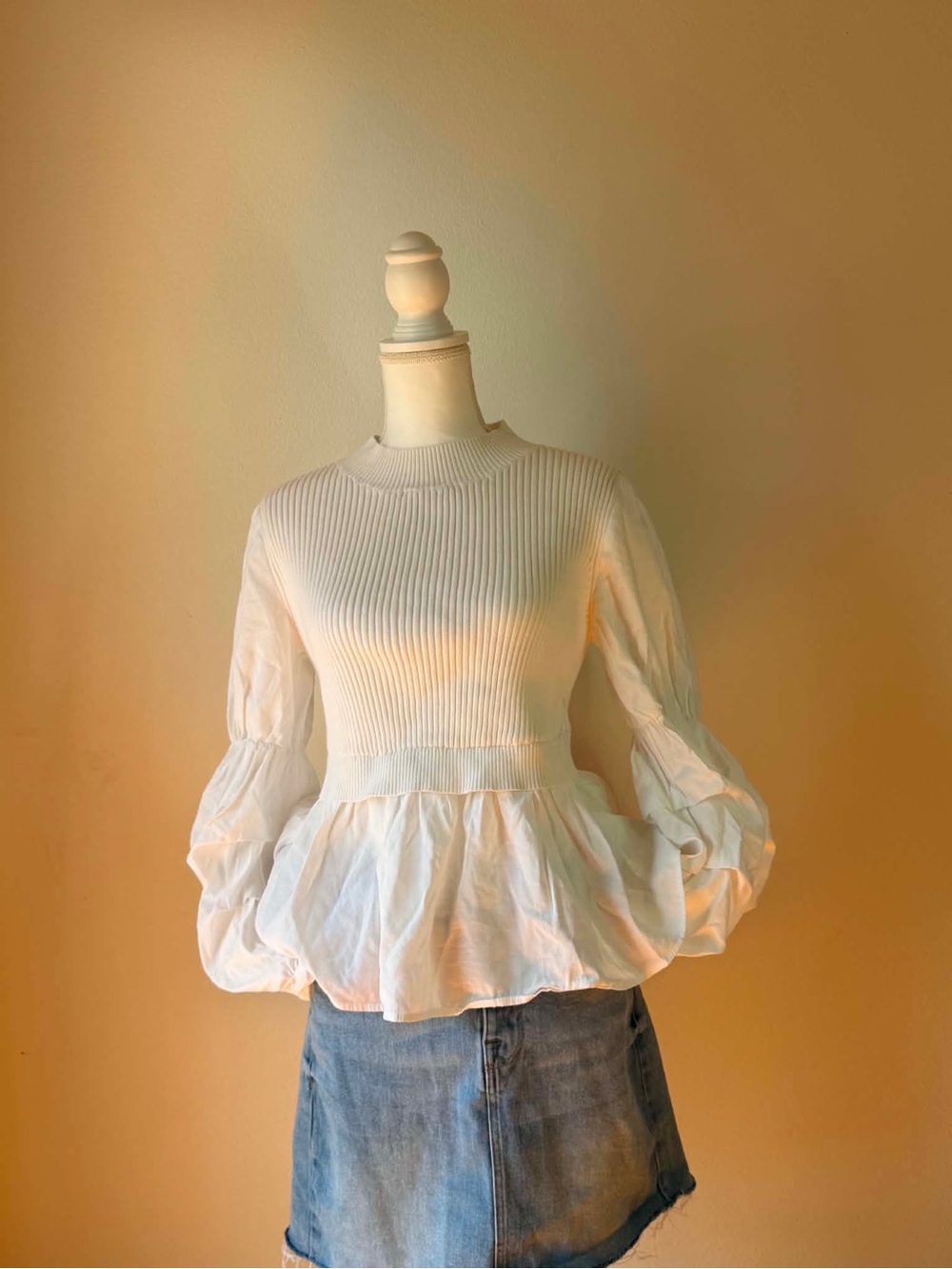English Factory White Ribbed Peplum Top with Puff Sleeves